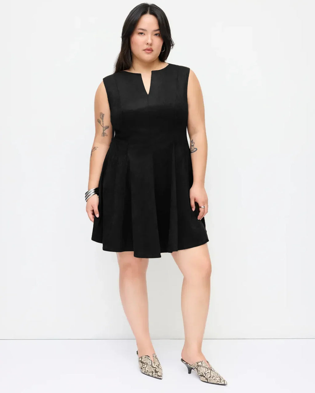 Suede V-neck Pleated Mini Dress Curve & Plus in Black