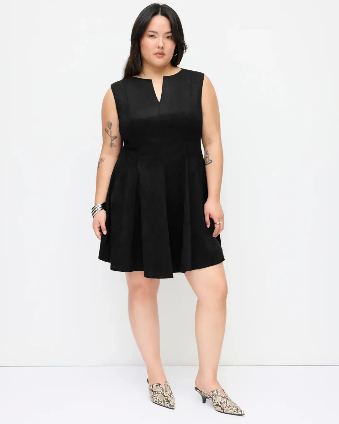 Suede V-neck Pleated Mini Dress Curve & Plus in Black