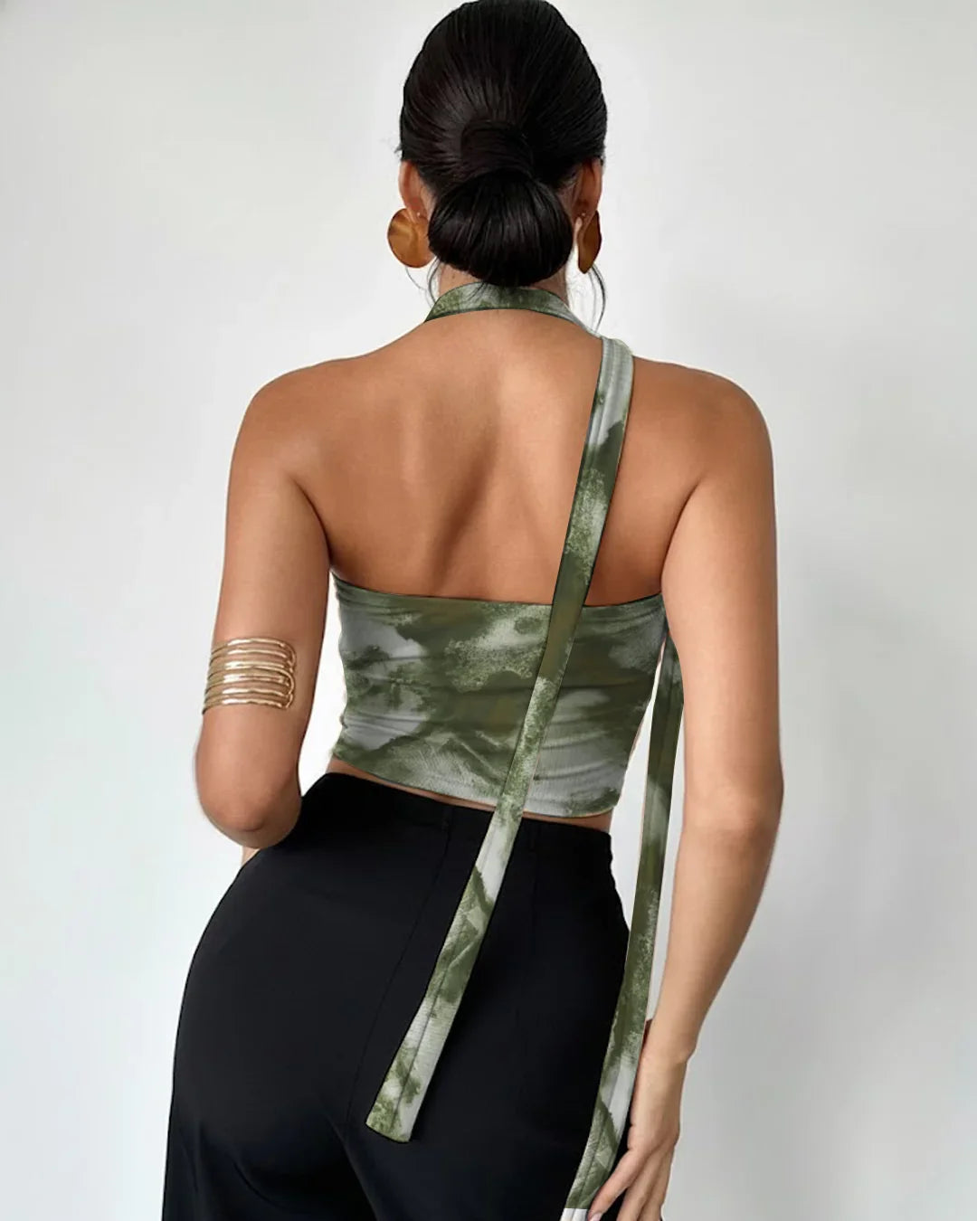 Abstract Print Halter Tie Neck Tube Top In Green
