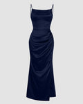 Cowl Neck Ruched Slit Sleeveless Satin Maxi Dress in Navy Blue