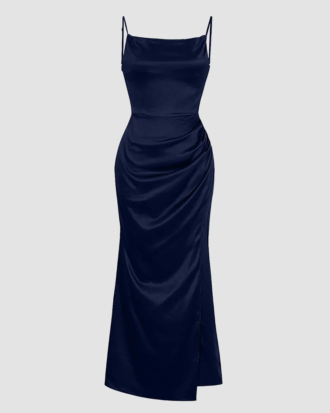 Cowl Neck Ruched Slit Sleeveless Satin Maxi Dress in Navy Blue