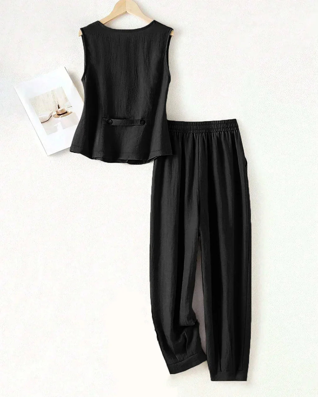 Sleeveless Button Vest & Relaxed Fit Trousers Set in Black