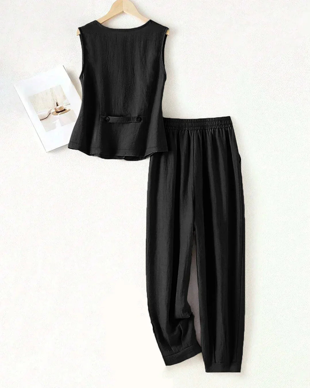 Sleeveless Button Vest & Relaxed Fit Trousers Set in Black