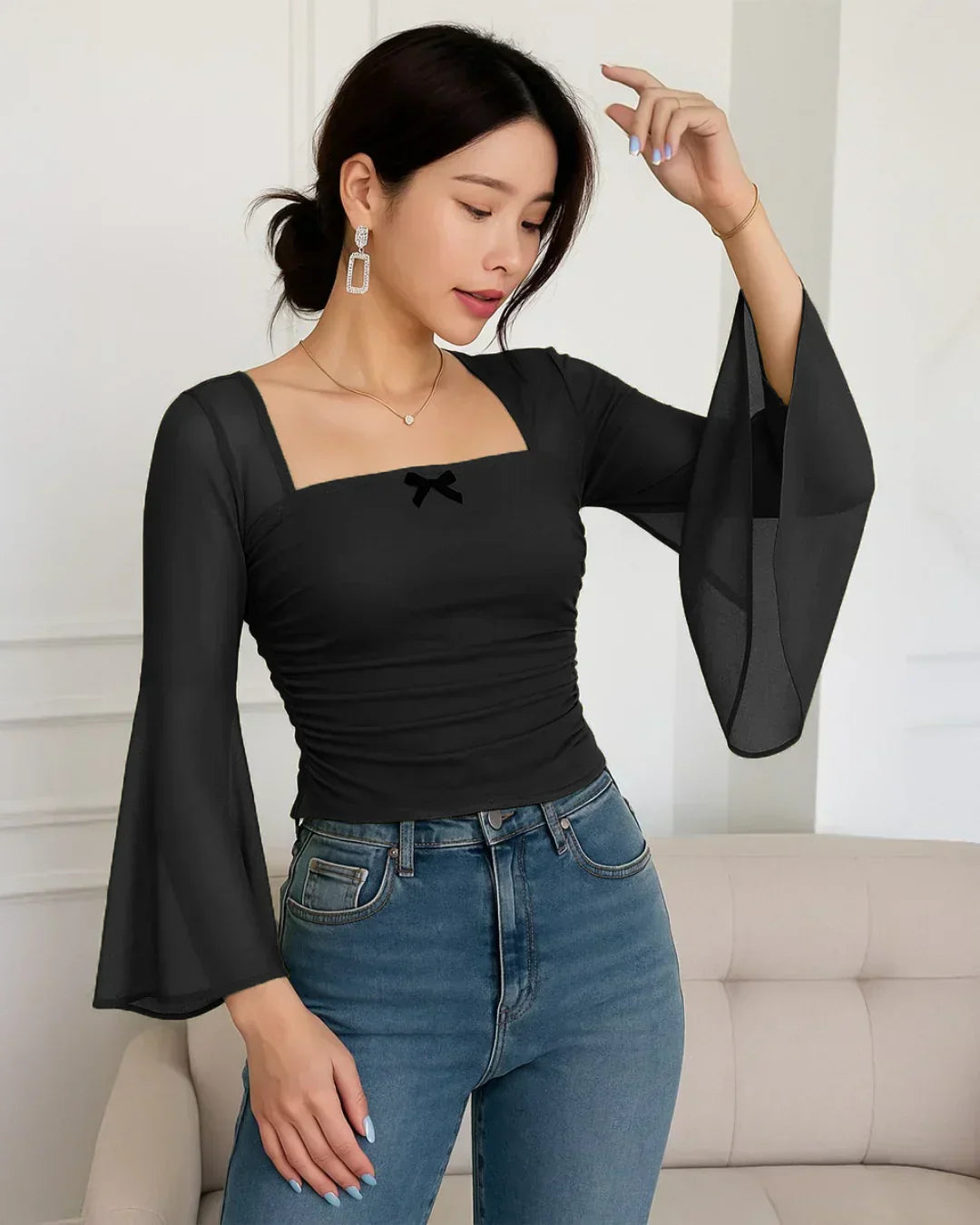Square Neck Bow Decorated Long Sleeve Black Top