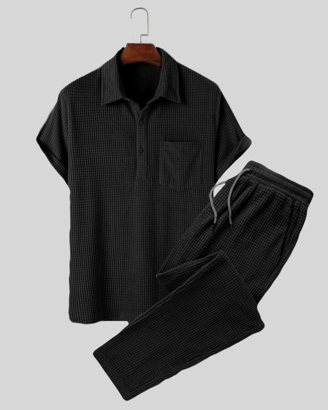 Men Set Of Two : Black Short Sleeve Knit Shirt with Drawstring Pocket  Pant