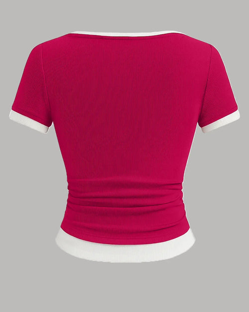 Casual Slim Fit Hot Pink and White Tee with Contrast Hem