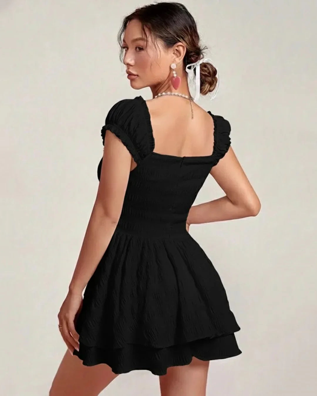 Square Neck Double Layer Short Sleeve Dress In Black