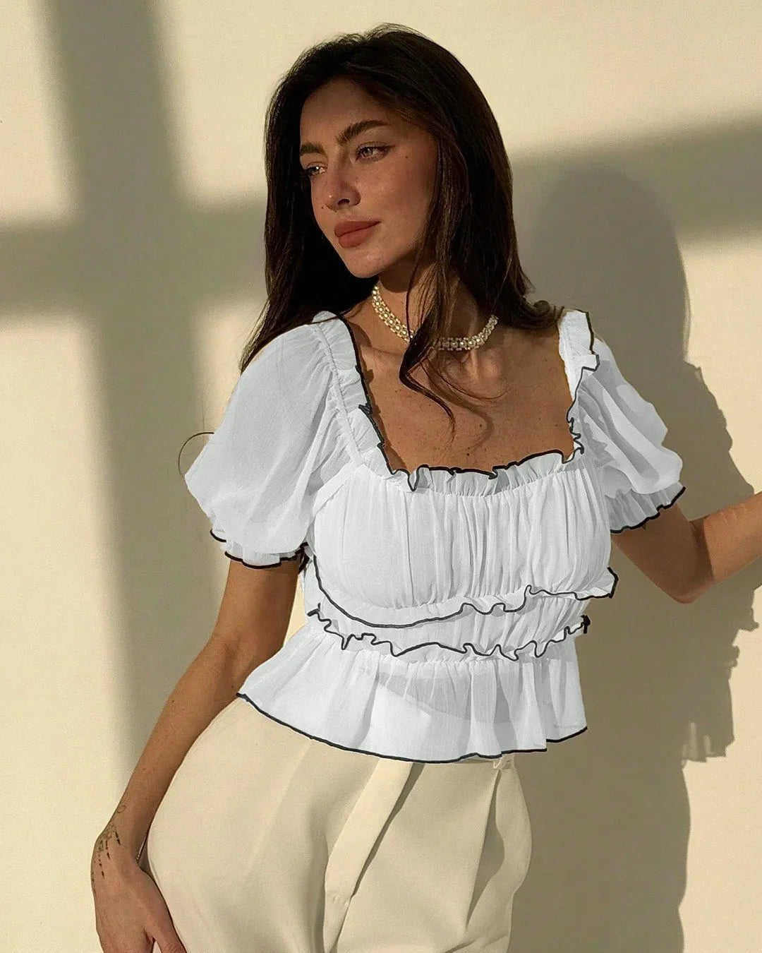 White Chiffon Square Neck Tiered Ruffle Top With Black Trim