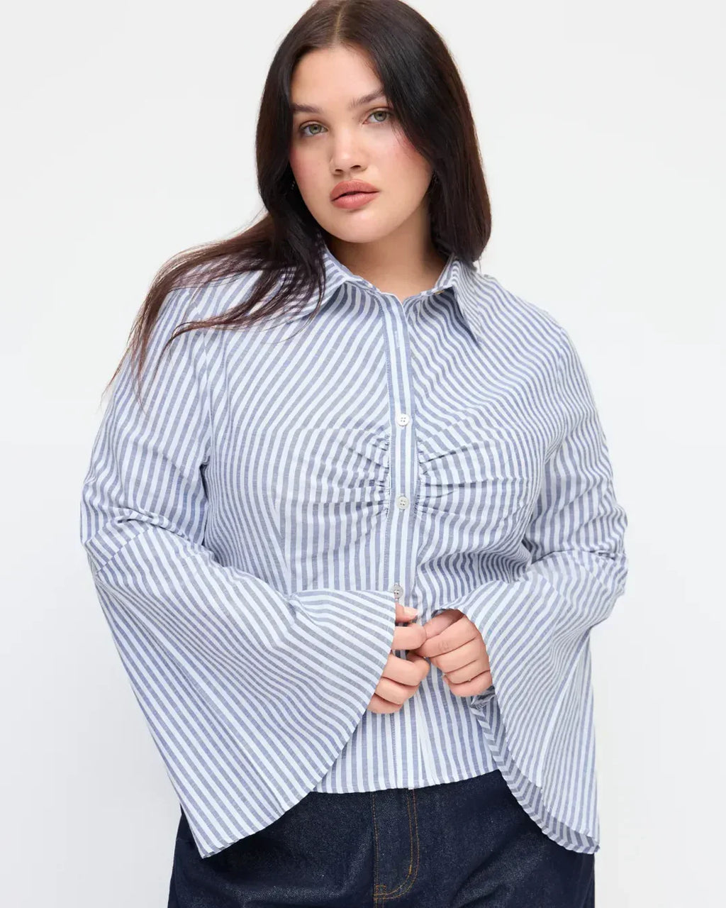 Blue Striped Flared Full Sleeve Shirt Curve & Plus