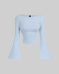 Solid Color Boat Neck Ruched Waist Bell Sleeve Top In Light Blue