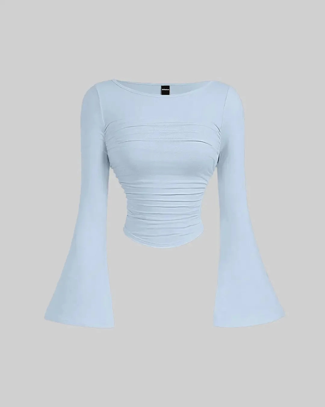 Solid Color Boat Neck Ruched Waist Bell Sleeve Top In Light Blue
