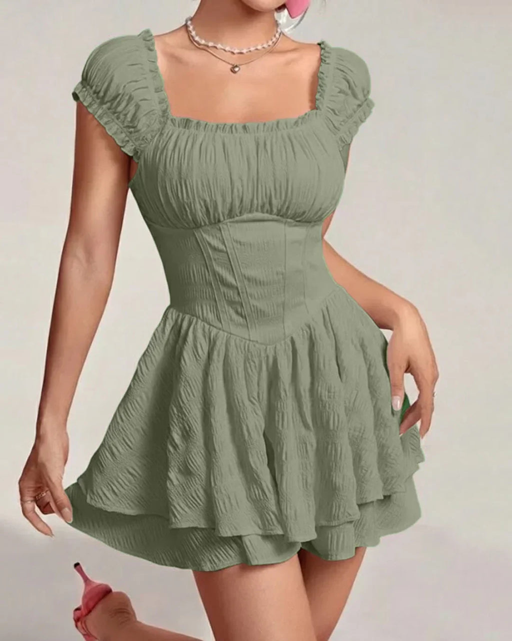 Square Neck Double Layer Short Sleeve Dress In Green