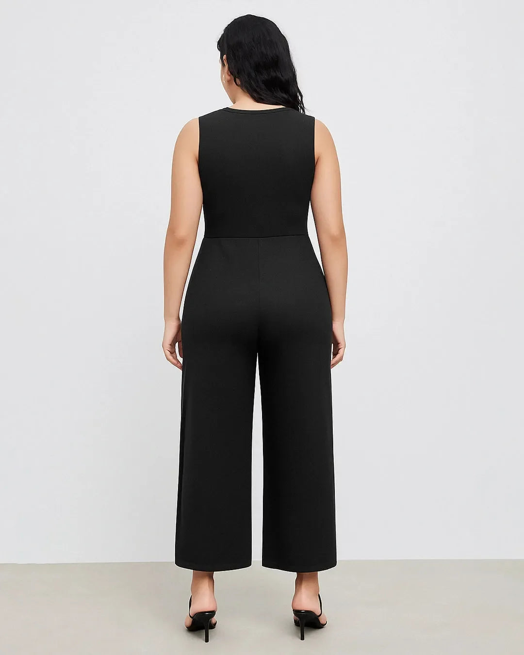 Solid Sleeveless Wide Leg Black Jumpsuit Curve & Plus