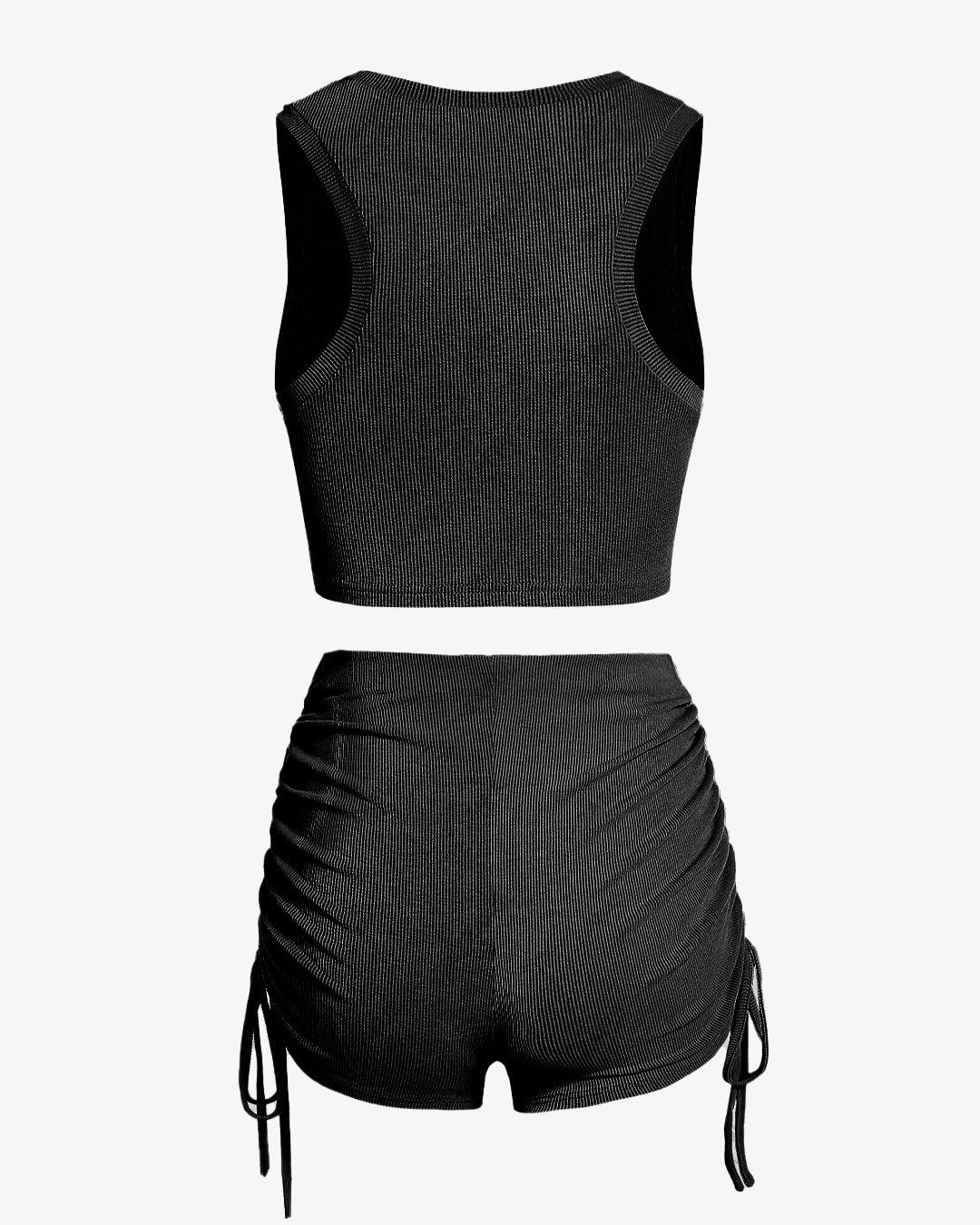 Ribbed Twisted Racerback Crop Tank Top With Cinched Side High Waisted Skinny Shorts Set In Black