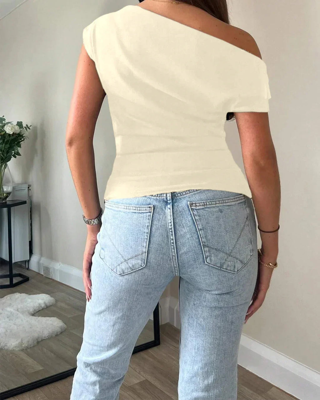 One Shoulder Ruched Asymmetrical Top in Beige