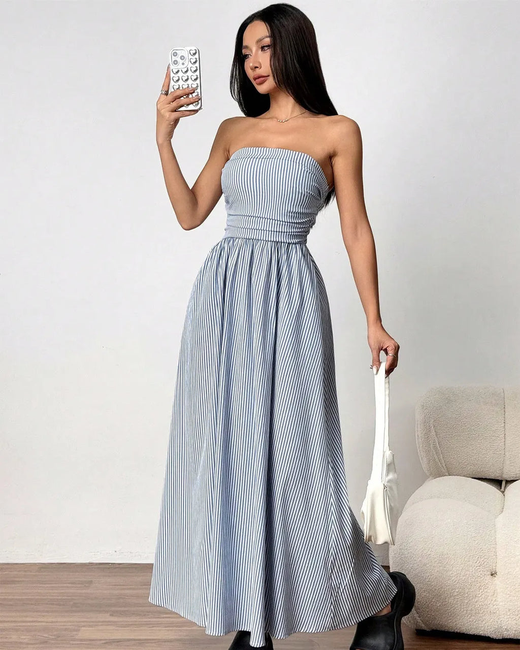 Striped Strapless Maxi Dress with Ruched Bodice and Flowy Skirt