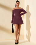 Off Shoulder Full Sleeves Mini Dress in Maroon