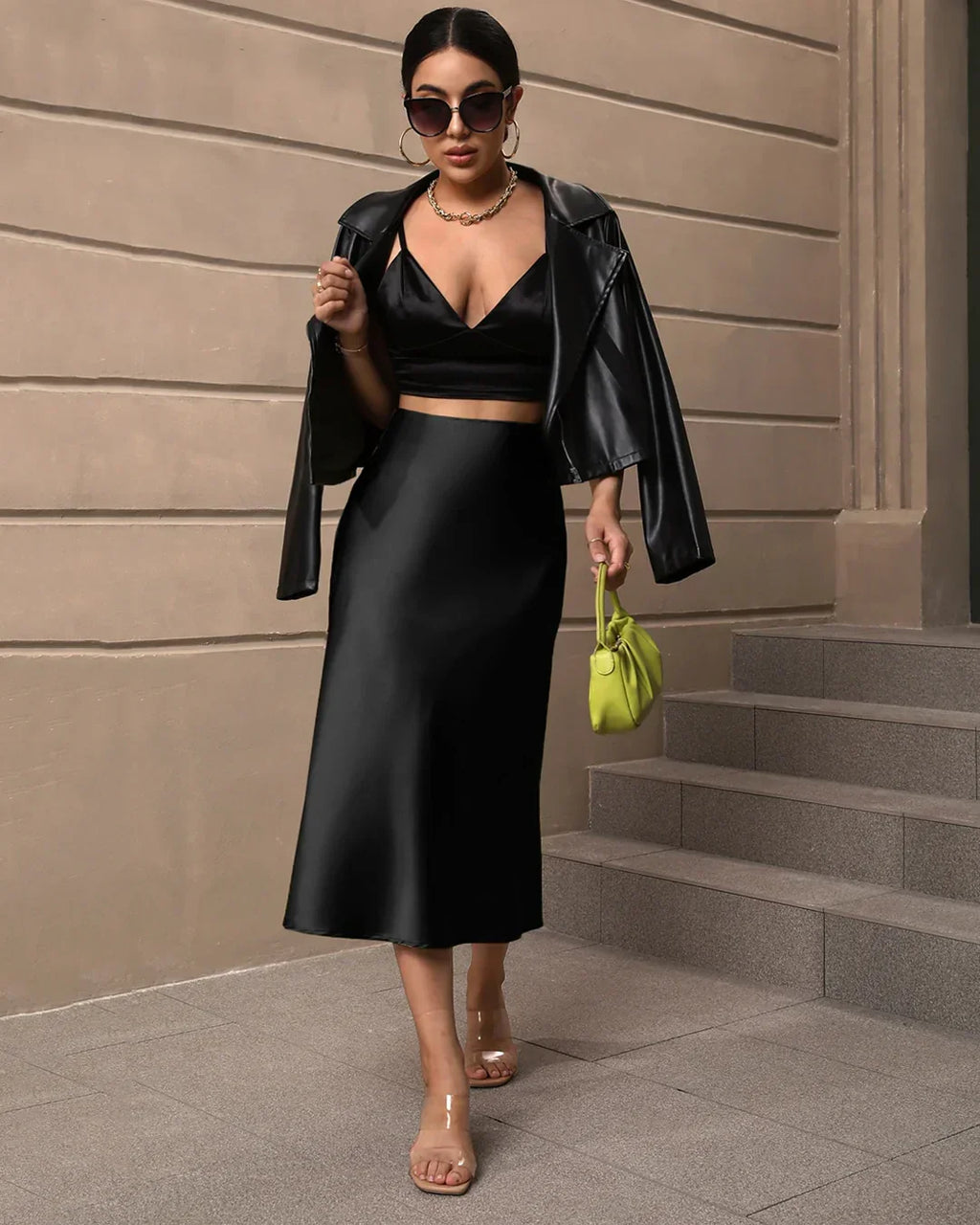 Satin Flared Midi Skirt in Black