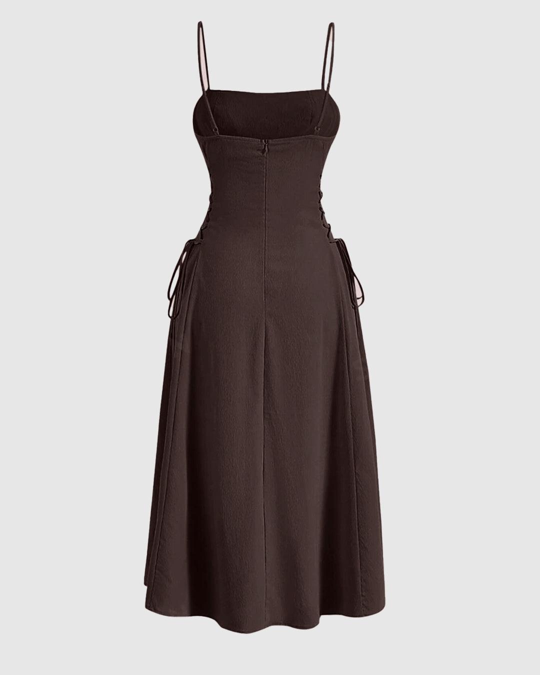 Ruched Bust Lace Up Side Spaghetti Straps Coco Brown Cami Dress