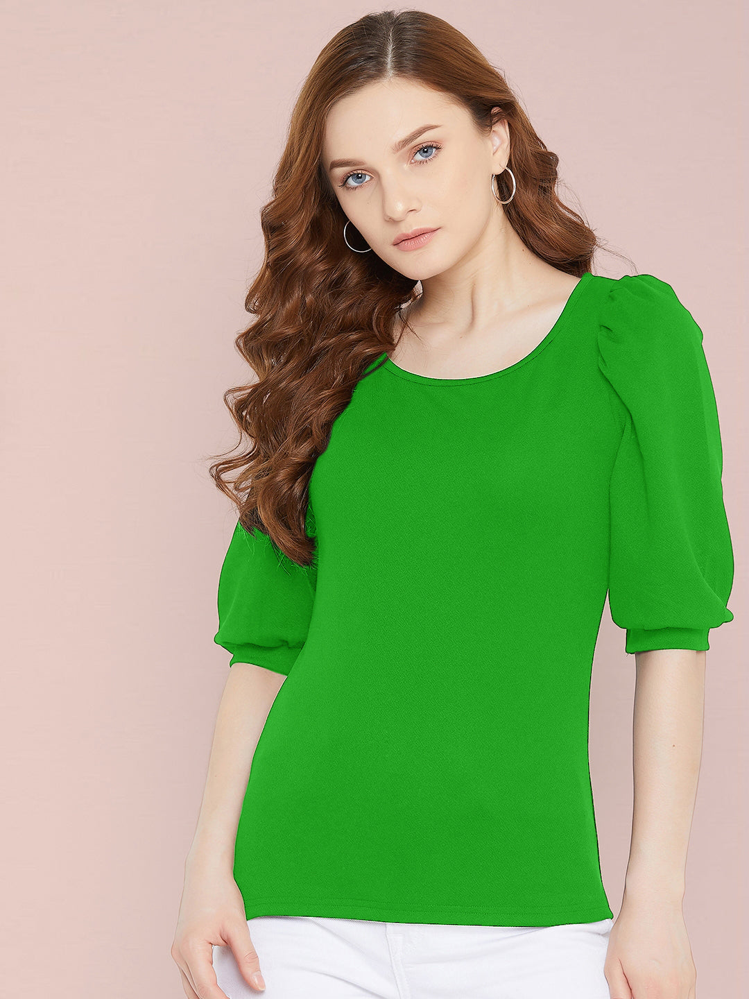 Cotton Solid Stretchable Round Neck Puff Sleeve Top