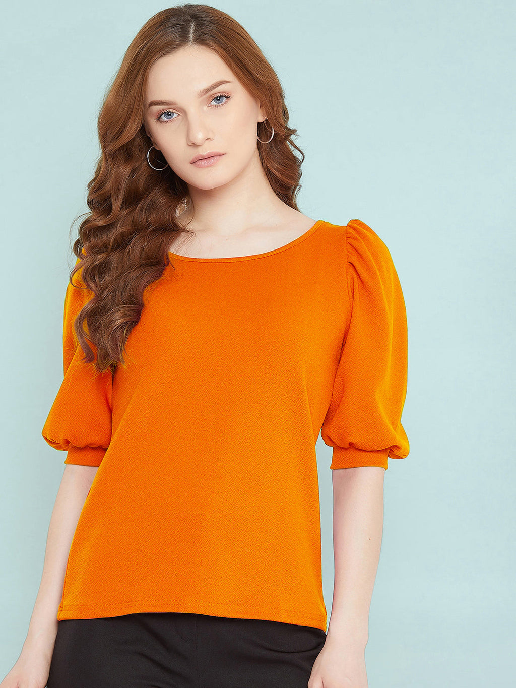 Cotton Solid Stretchable Round Neck Puff Sleeve Top