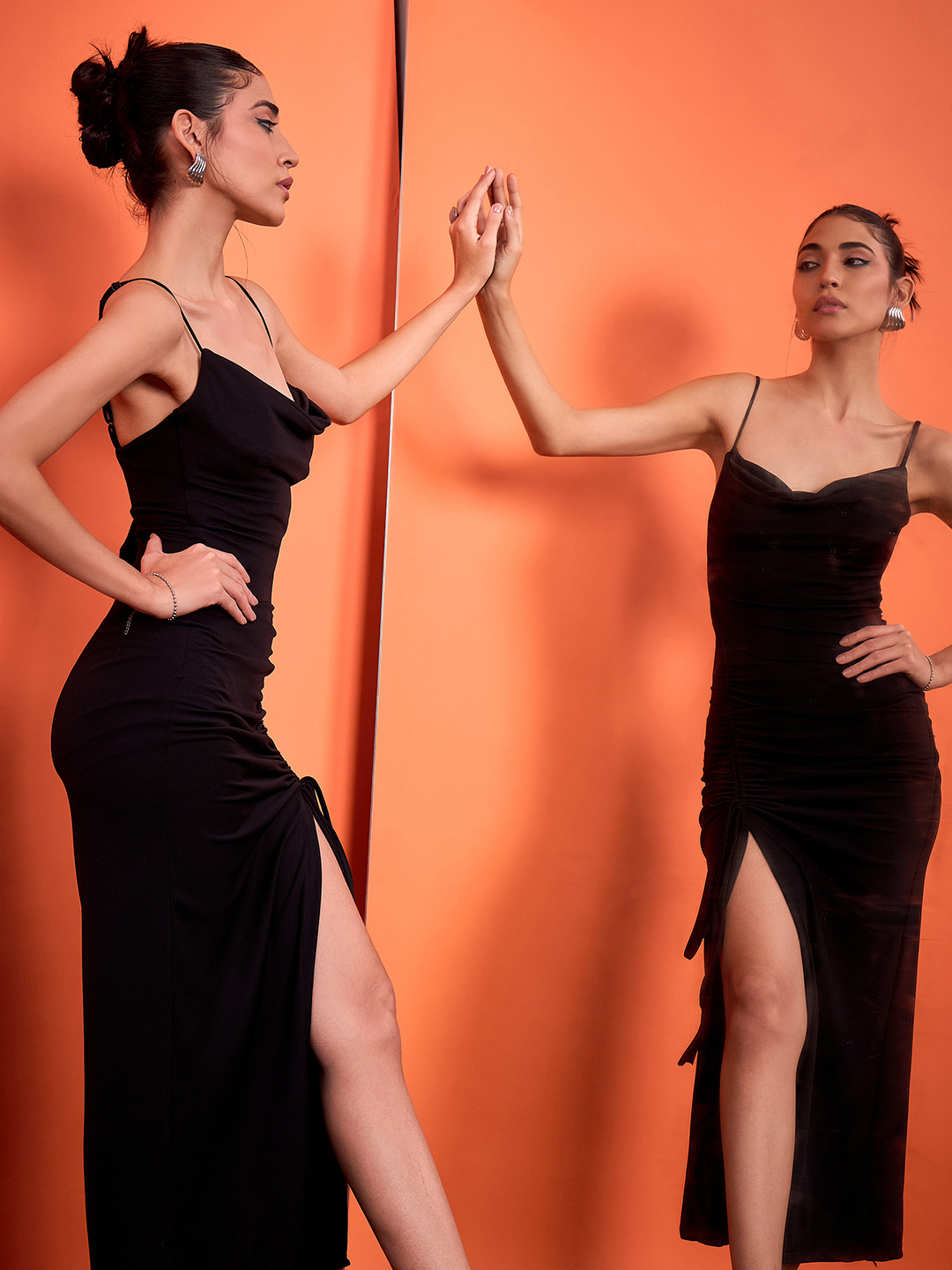 Cowl Neck Drawstring Bodycon Dress - Pinkkup