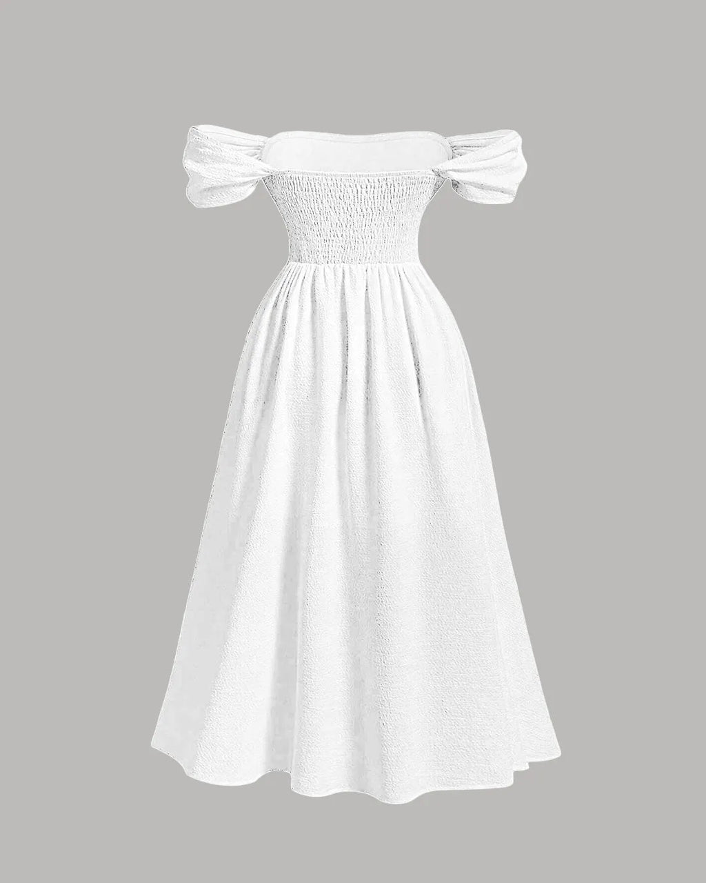 Off-Shoulder Ruffled Midi Dress with Puffed Sleeves In Off - White