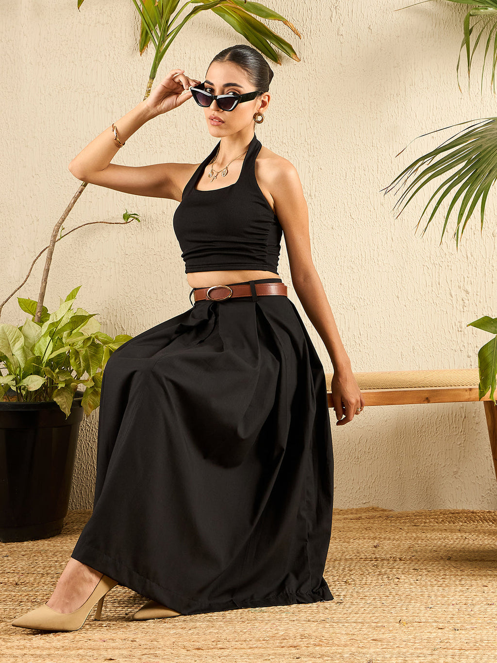 Box Pleated Linen Midi Skirt