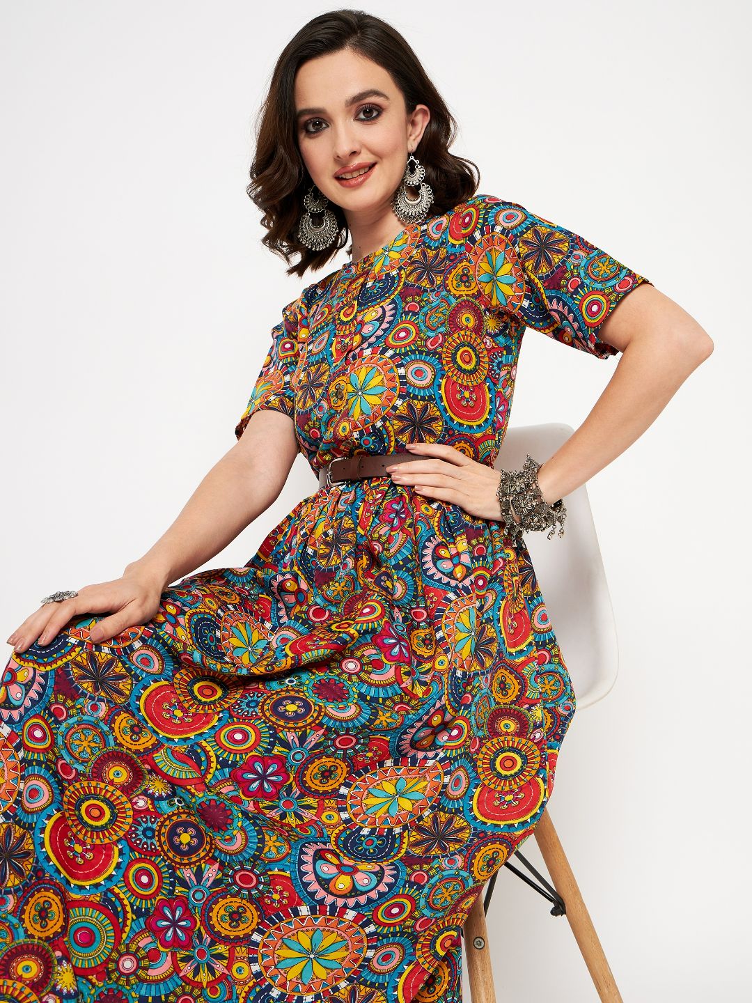 Printed Maxi Dress with Belt - Pinkkup