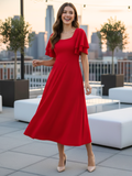 Stretchable Ruffled Sleeve Fit & Flare Dress - Pinkkup