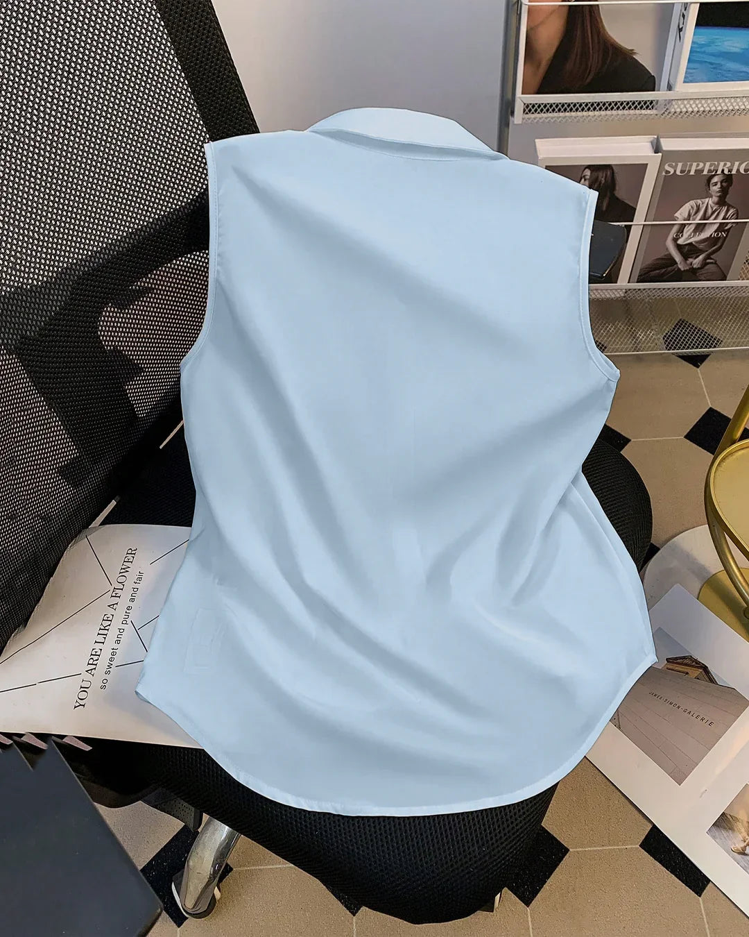 Sleeveless Button Down Collared Shirt in Sky Blue