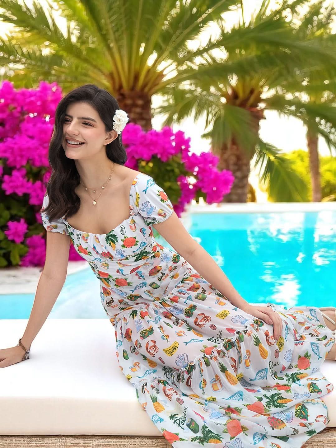 Puff Sleeved Swimsuit with Skirt
