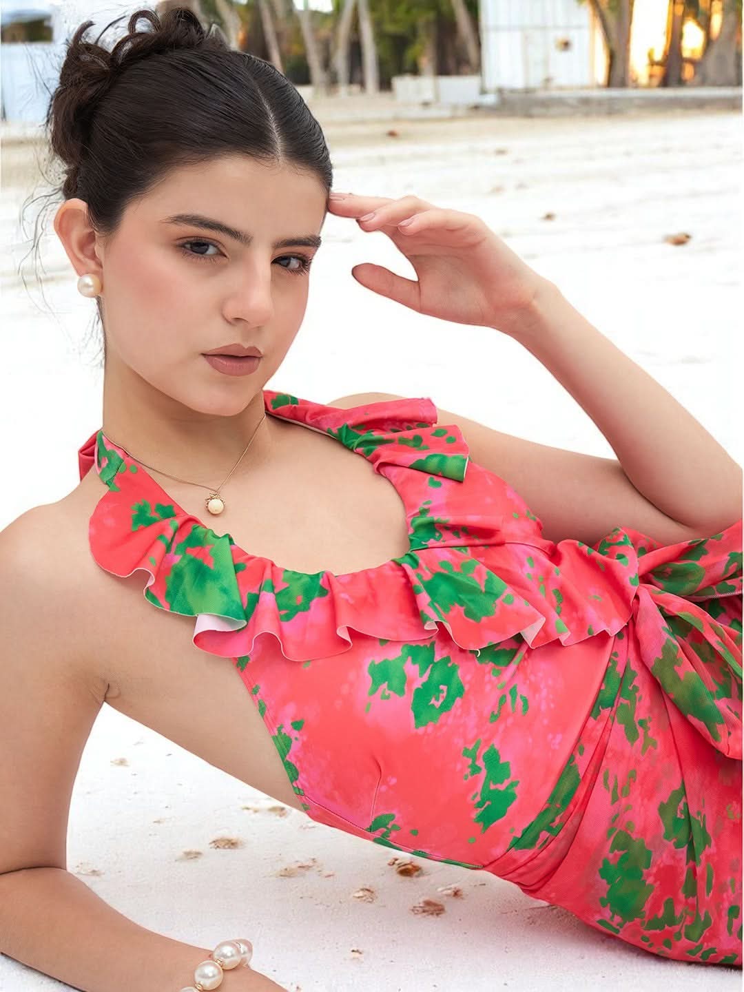 Halter Neck Ruffled Swimsuit With Sarong