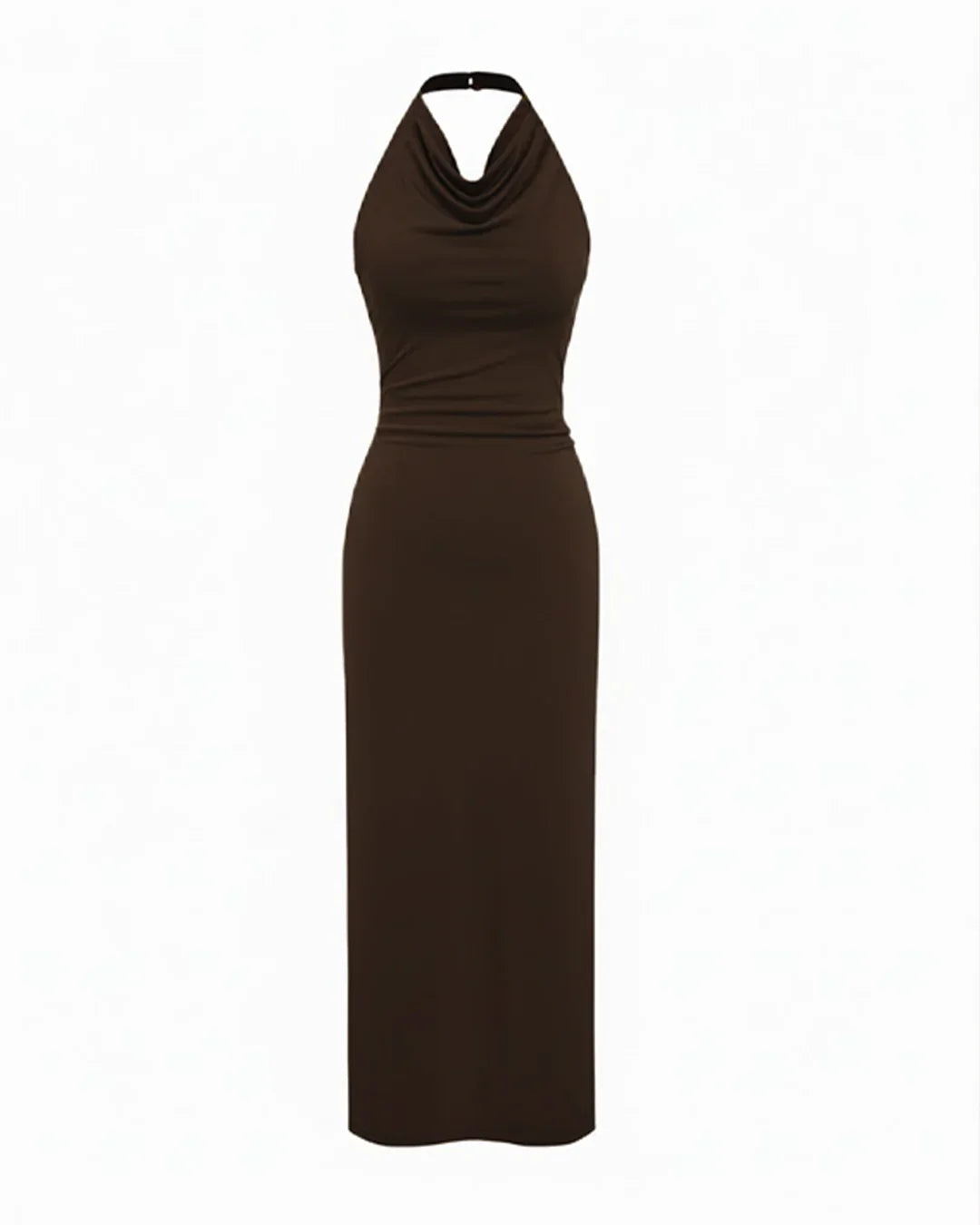 Halter Neckline Rivet Split Ruched Straight Maxi Dress in Chocolate