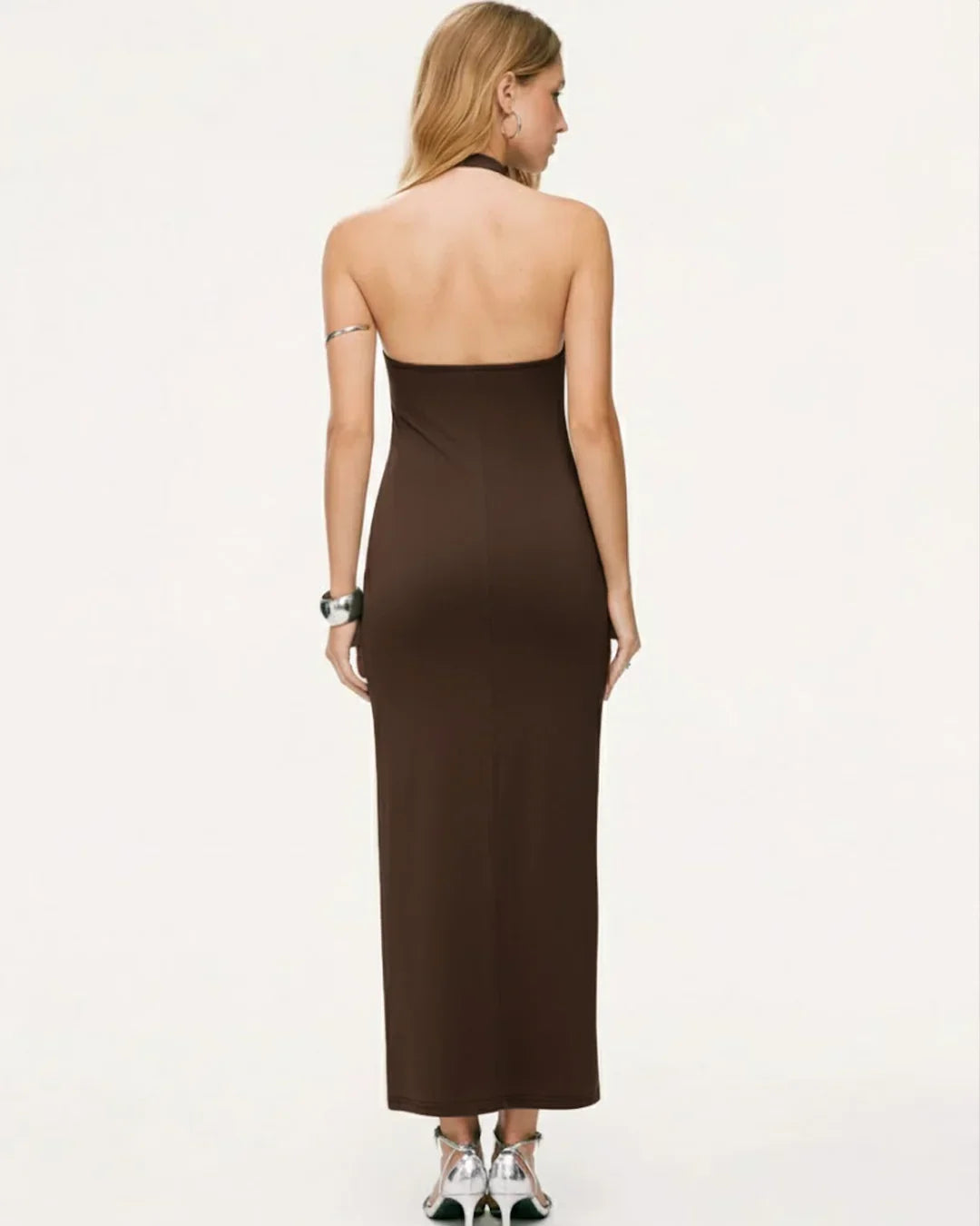 Halter Neckline Rivet Split Ruched Straight Maxi Dress in Chocolate