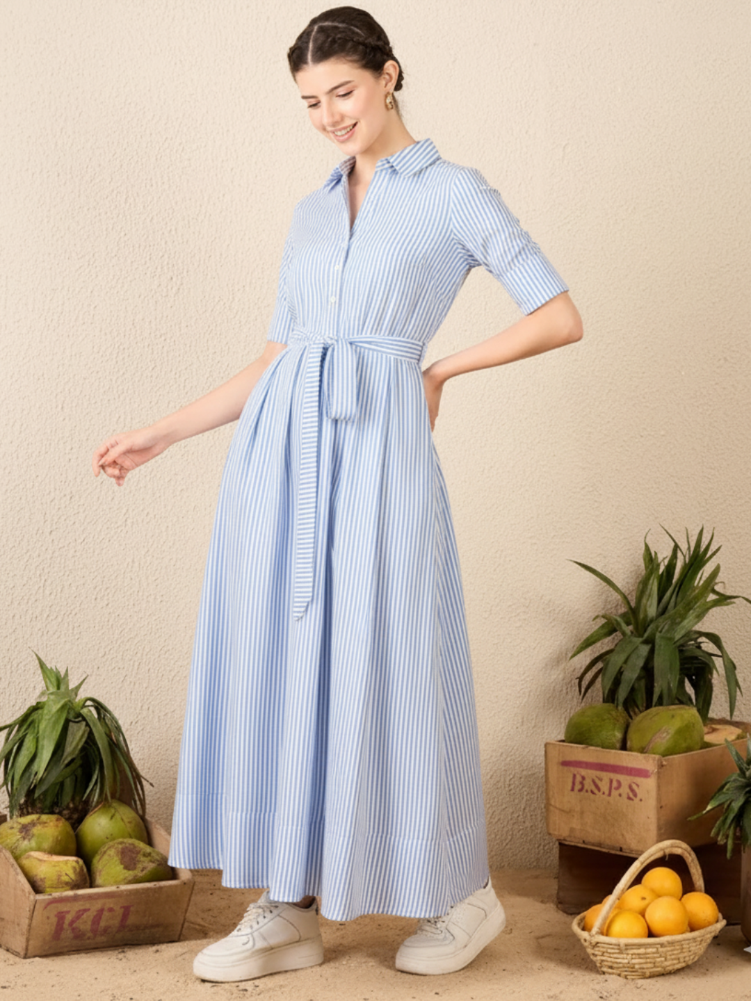Pure Cotton Buttoned Down Shirt Dress With Belt - Pinkkup