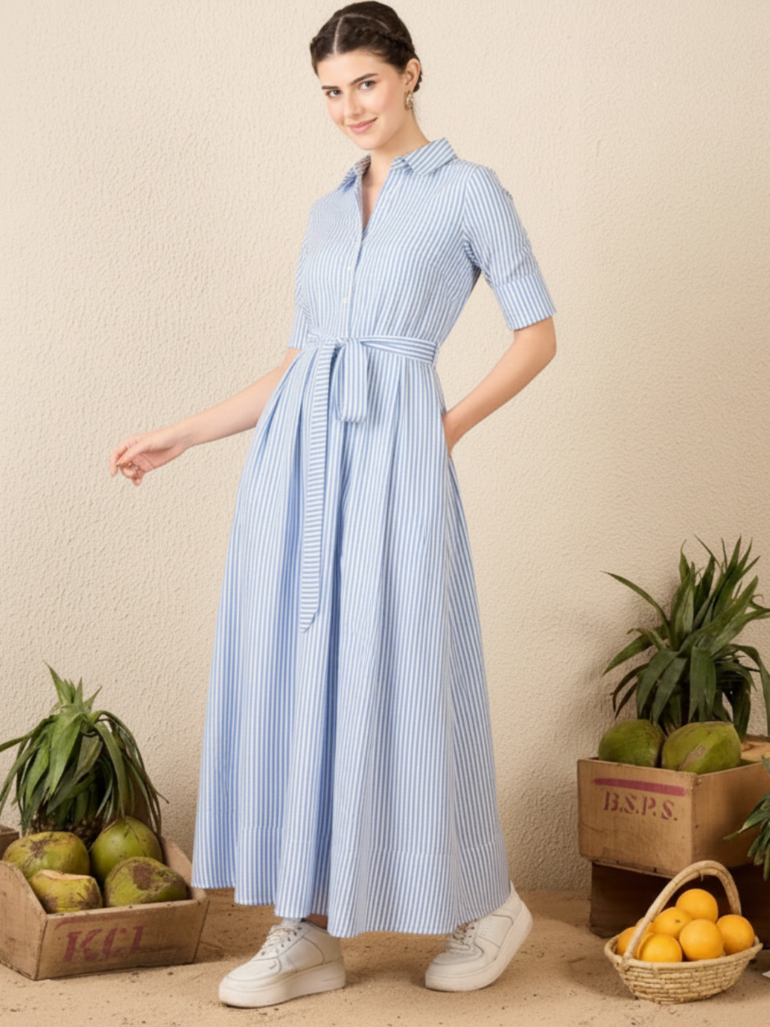 Cotton Buttoned Down Shirt Dress With Belt