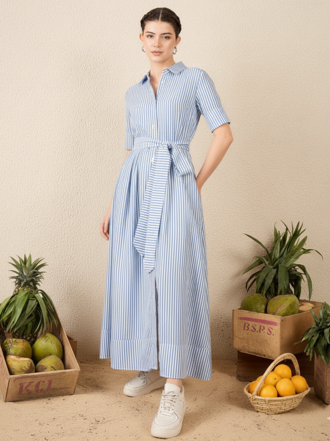 Cotton Buttoned Down Shirt Dress With Belt