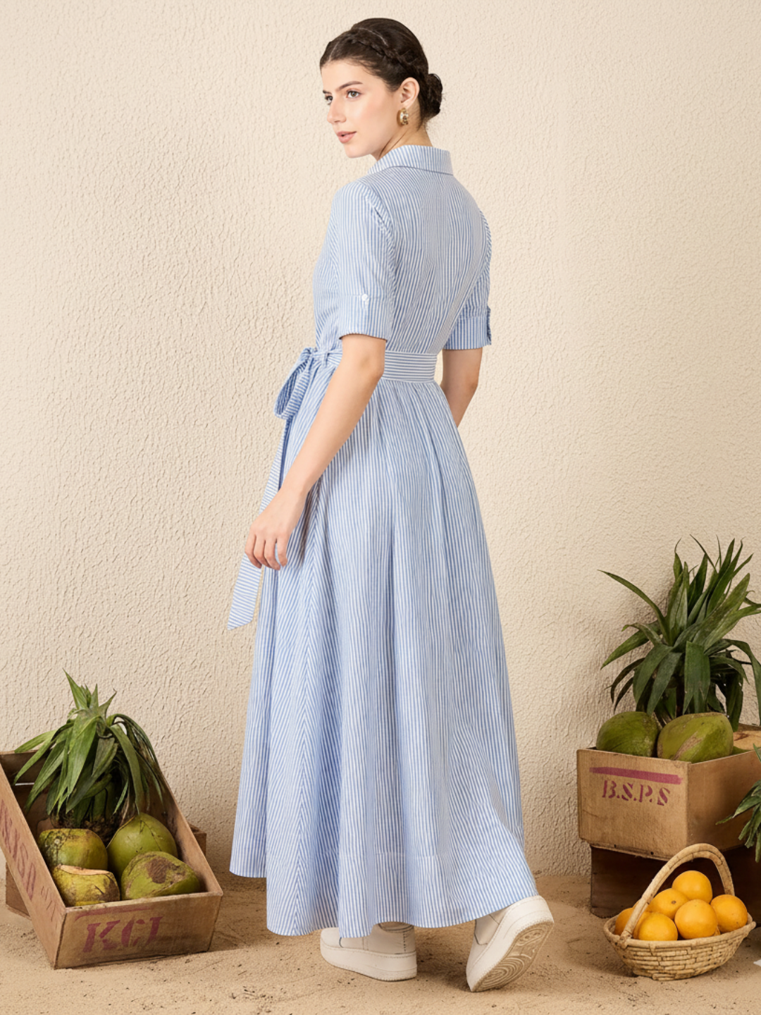 Linen Buttoned Down Shirt Dress With Belt (with Lining)