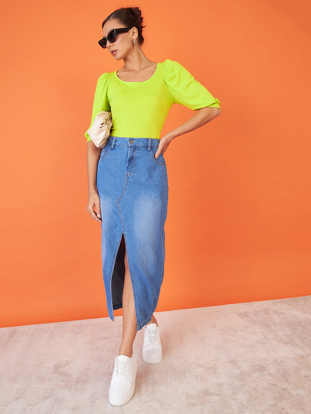 Cotton Solid Stretchable Round Neck Puff Sleeve Top