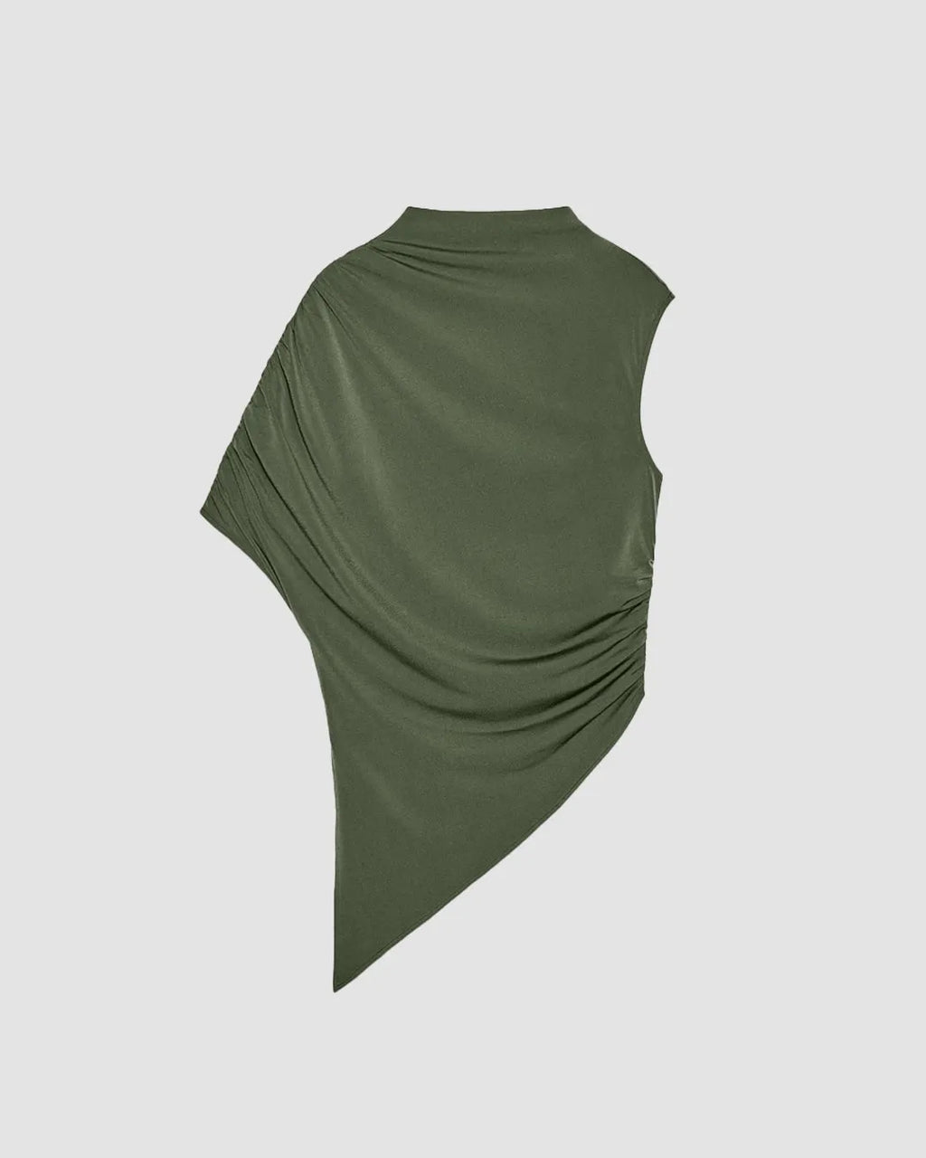 Asymmetrical Green Ruched Sleeve Draped Top with High Mock Neck