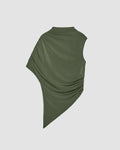 Asymmetrical Green Ruched Sleeve Draped Top with High Mock Neck