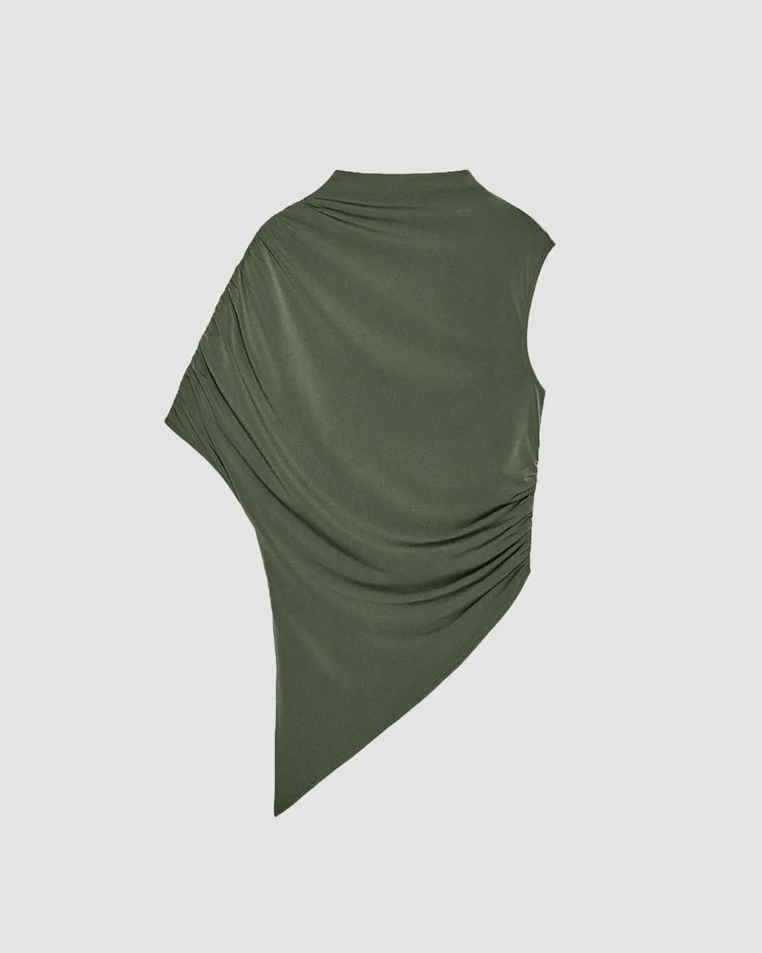 Asymmetrical Green Ruched Sleeve Draped Top with High Mock Neck