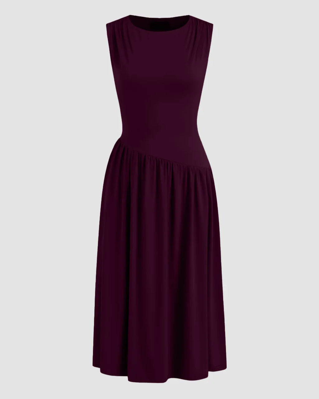 Round Neckline Ruffle Ruched Lace Up Midi Dress Curve & Plus in Maroon