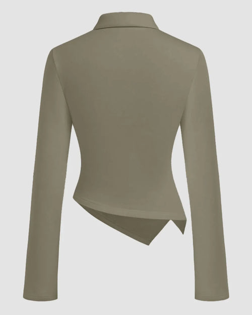 Collared Ruched Polo Long Sleeve Top with Asymmetric Hem in Olive