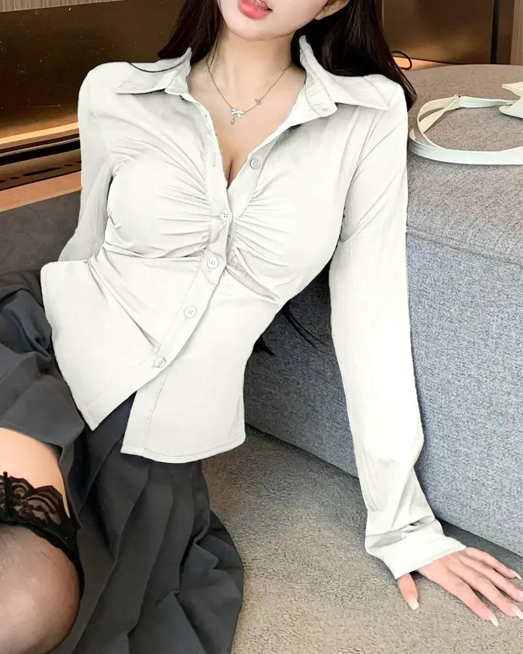 Ruched Front Button Collar Long Sleeve Shirt in Milky White