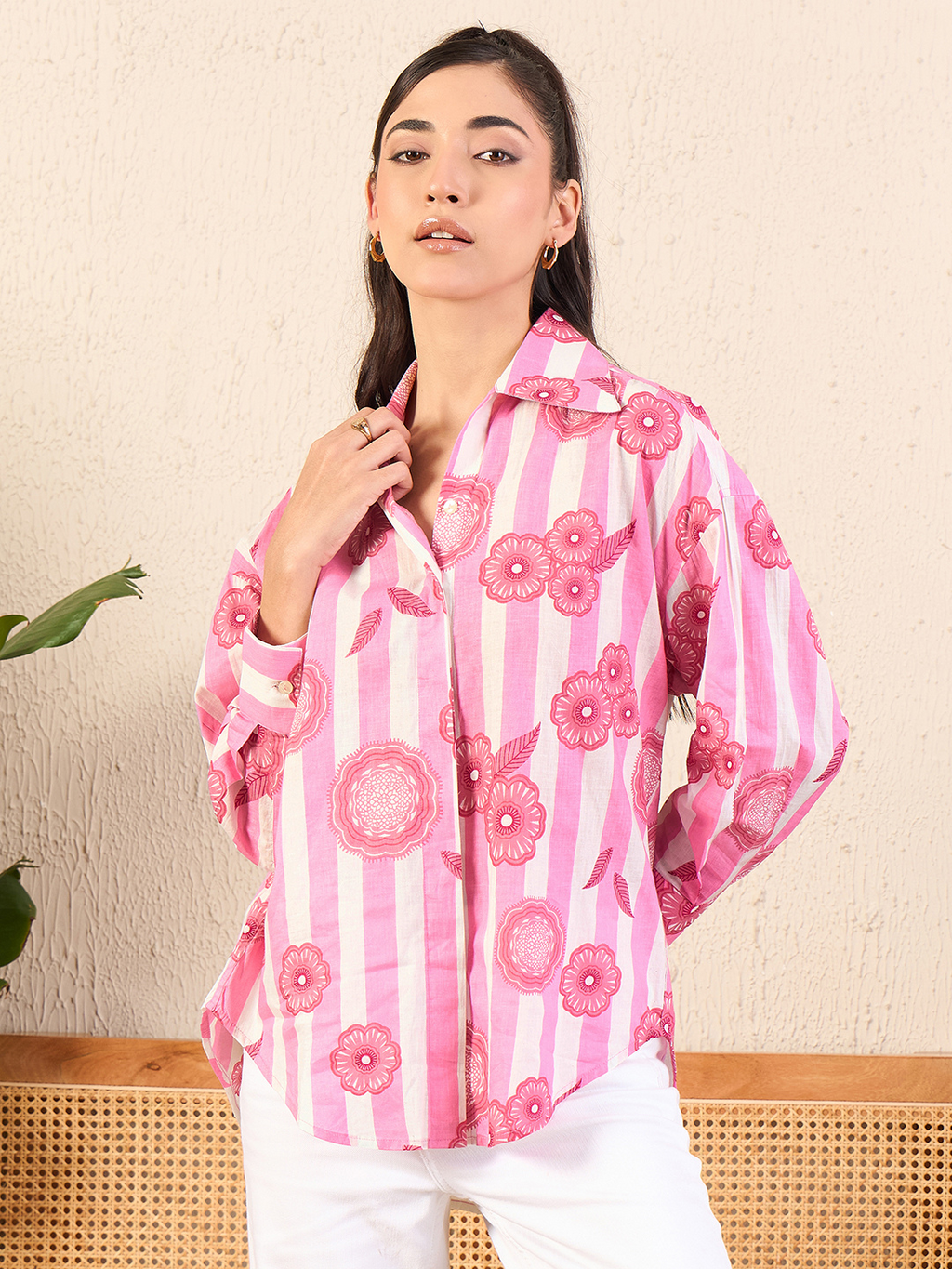 Printed Asymmetrical Cotton Shirt - Pinkkup
