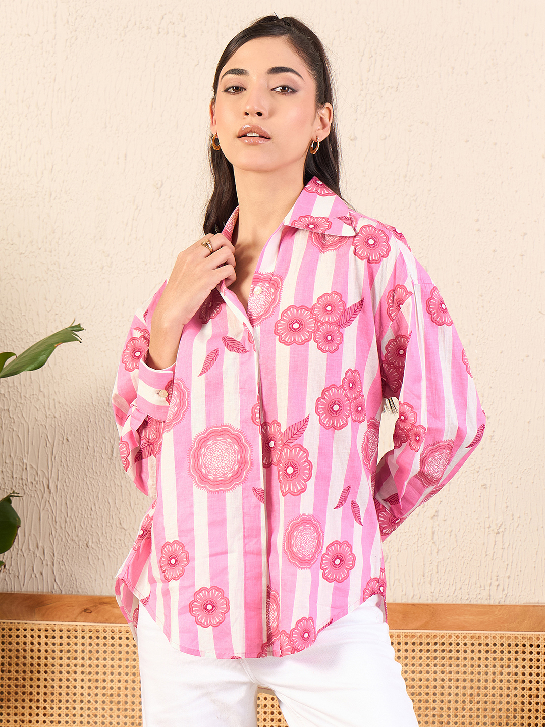 Printed Asymmetrical Cotton Shirt - Pinkkup
