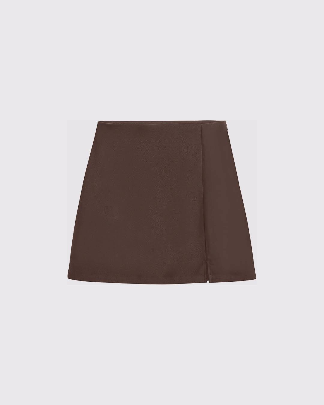 High Waist Zip Up Slit Mini Skirt In Coco Brown