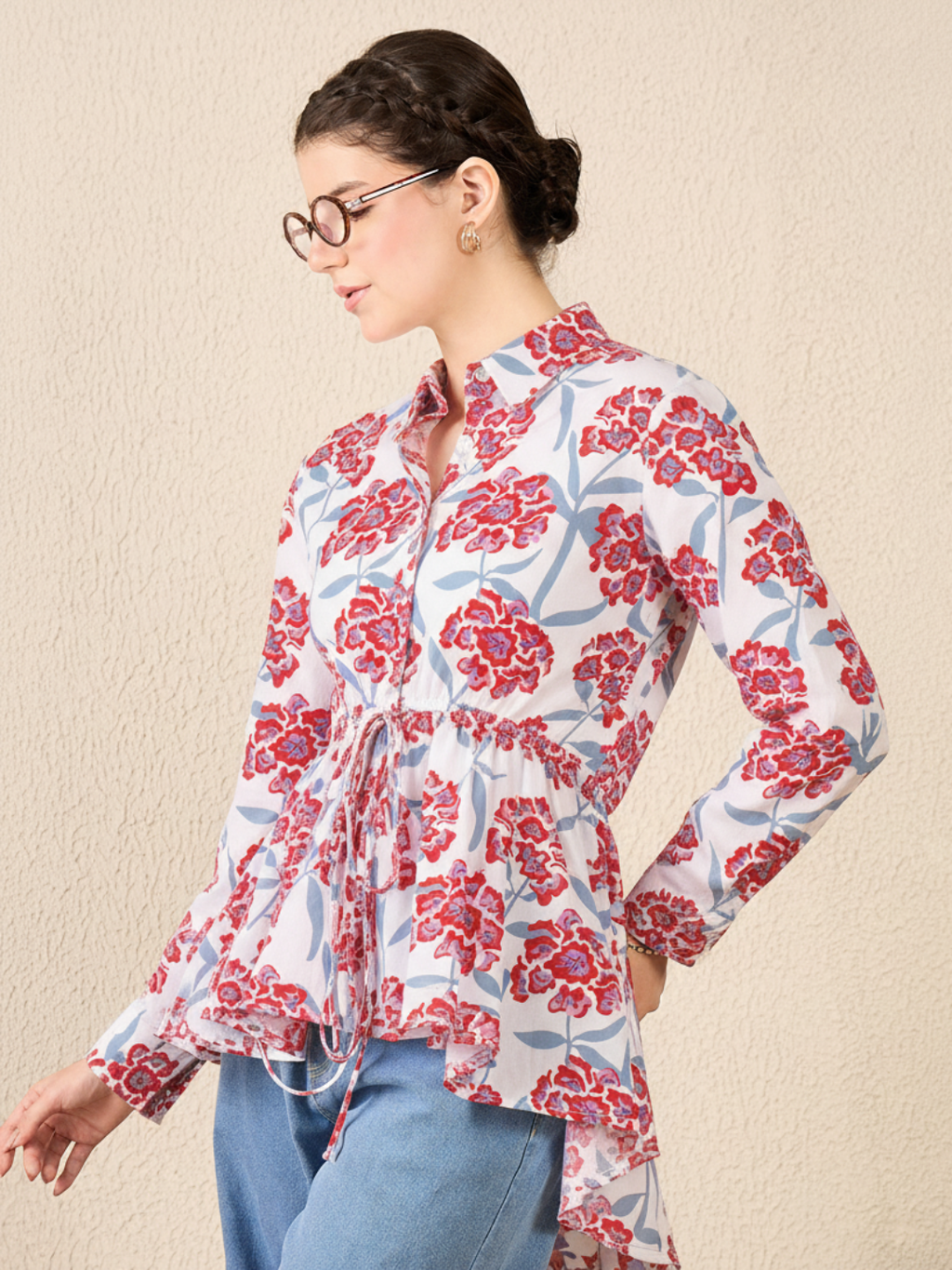 Pure Cotton Drawstring Peplum Shirt